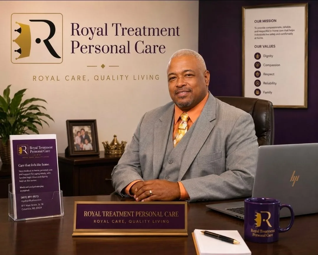 Ricky McKenzie seated at his Royal Treatment Personal Care office desk